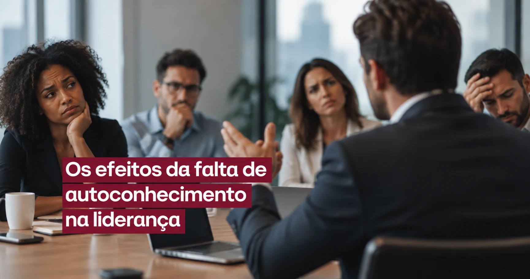 Líder em reunião com equipe demonstrando desconforto diante de sua condução.
